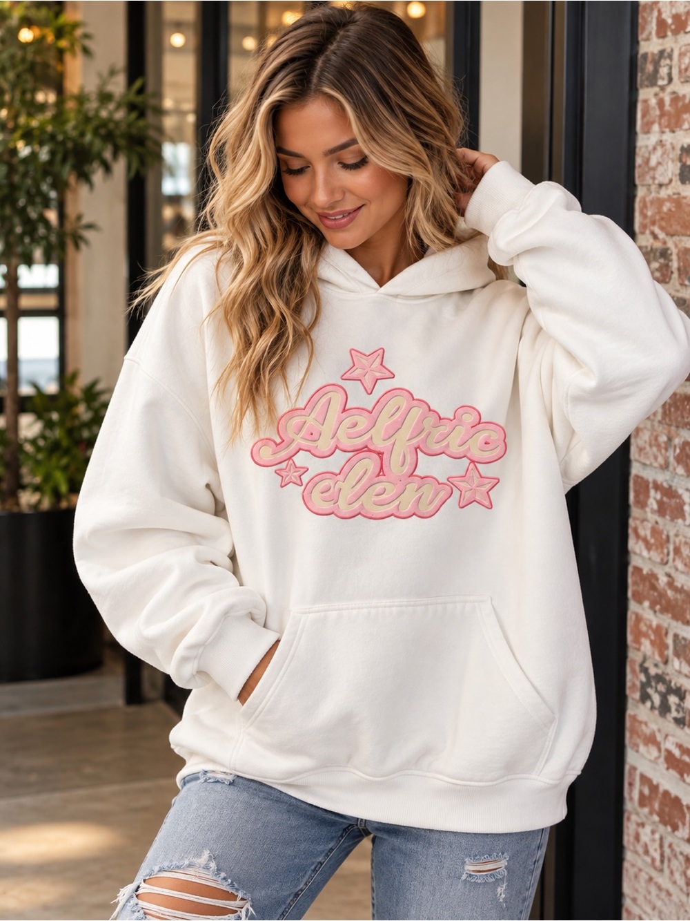 Aelfric Eden Cream Hoodie with Pink Script Logo